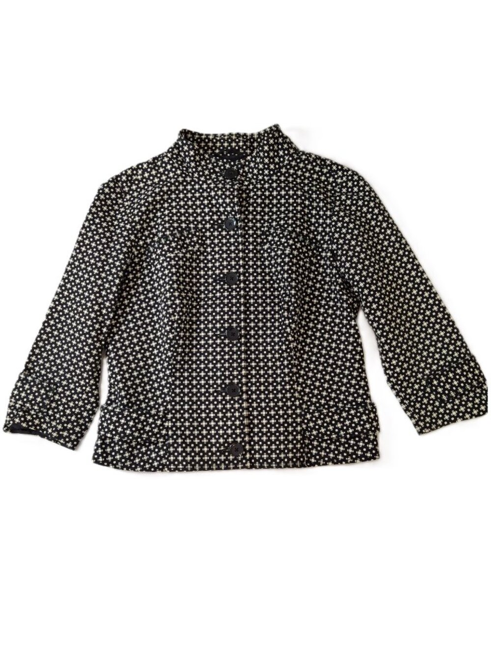 MEXX Womens Sz 40 (S-M) Jacket Black White Geometric Dot Pattern ¾ Sleeve Blazer